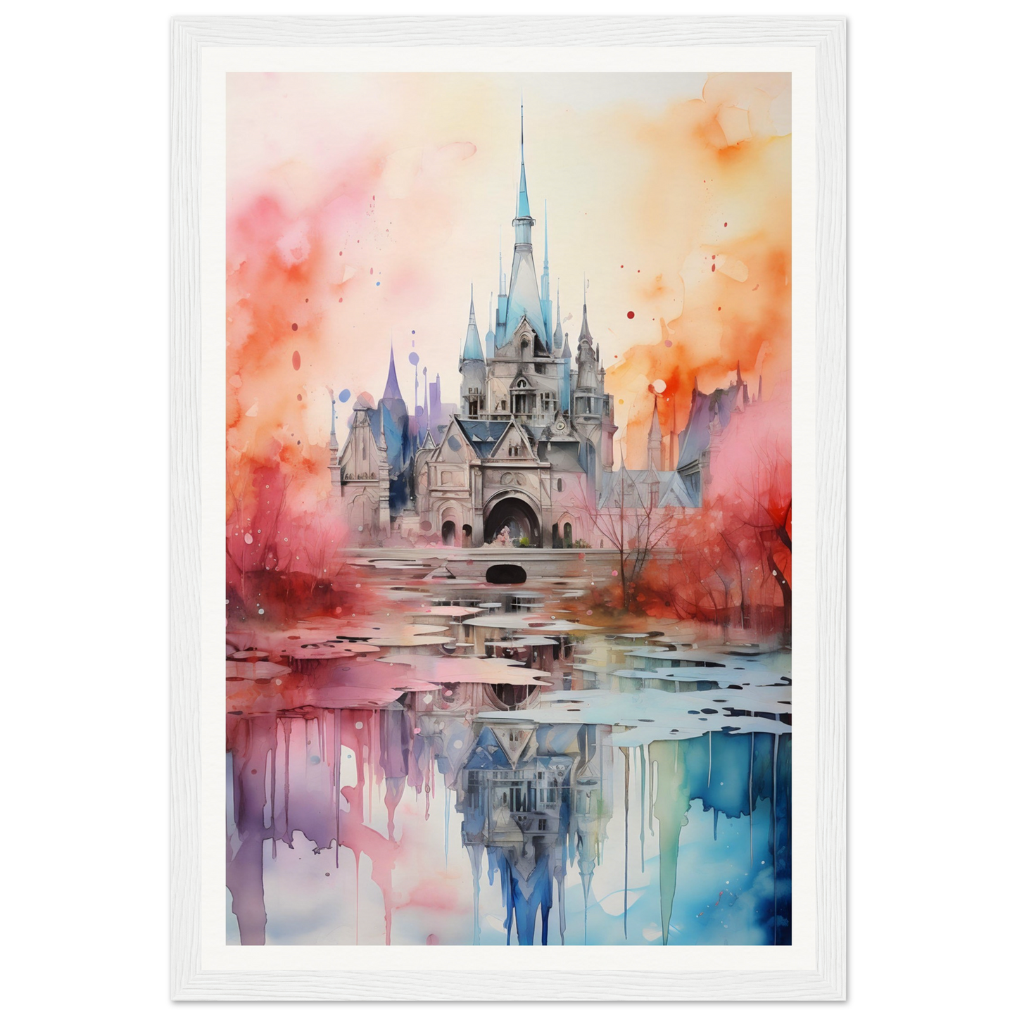 A watercolor painting of a castle in the middle of a lake