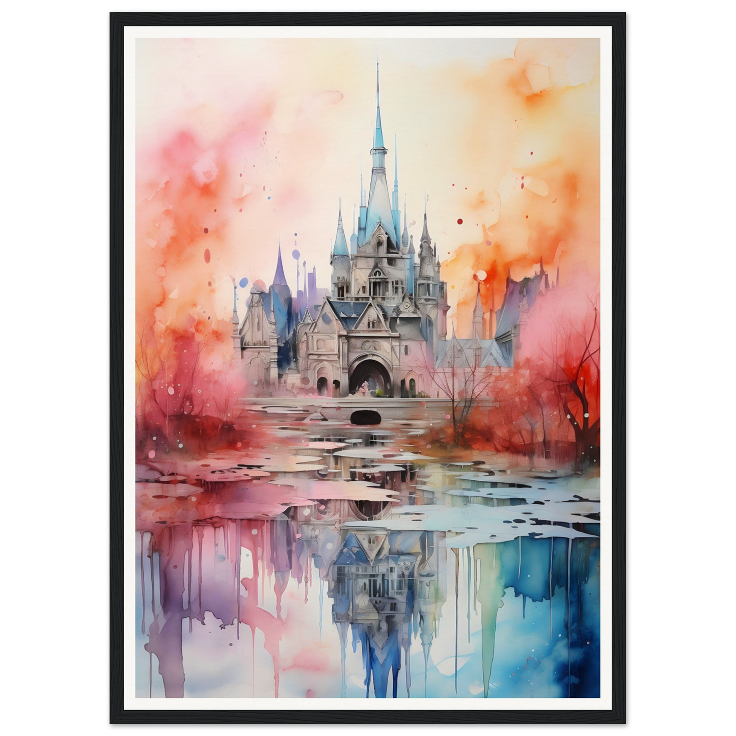 A watercolor painting of a castle in the middle of a lake