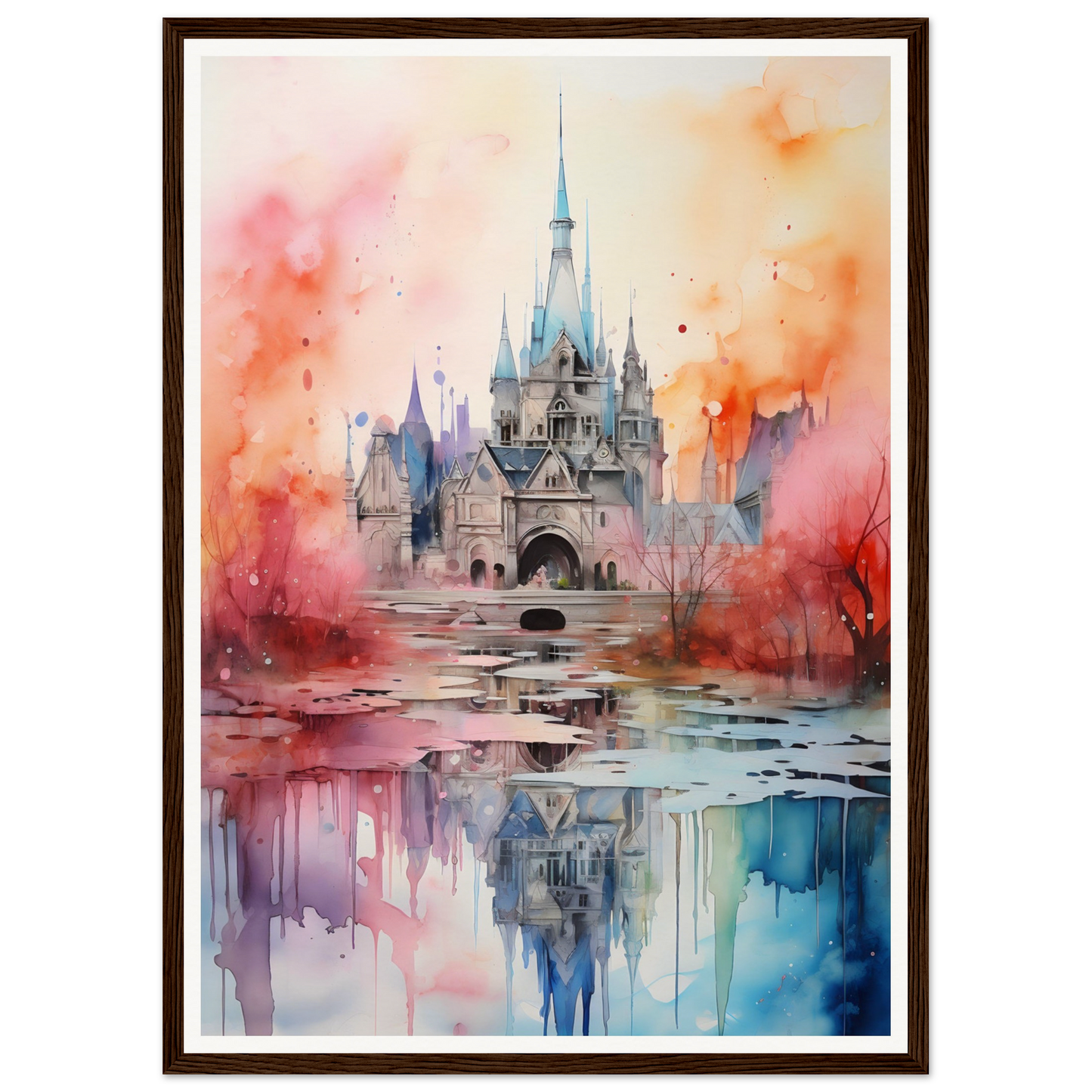 A watercolor painting of a castle in the middle of a lake