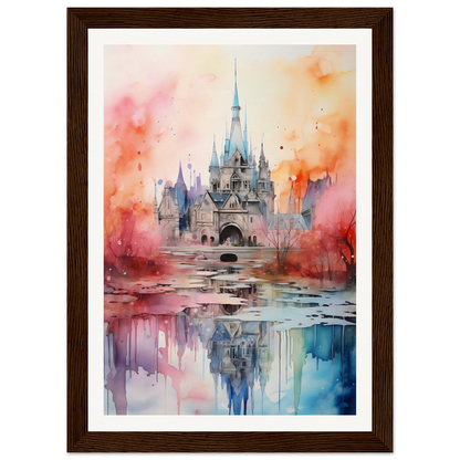 A watercolor painting of a castle in the middle of a lake