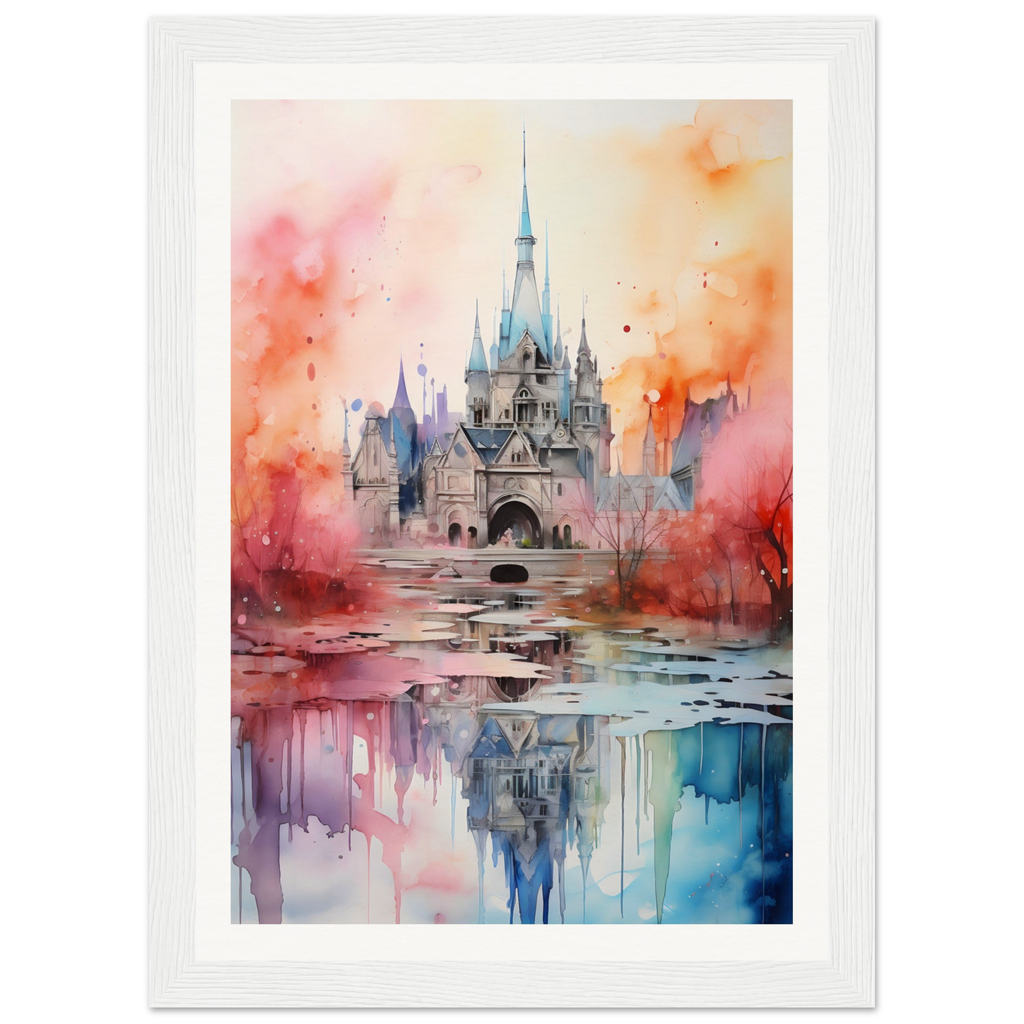 A watercolor painting of a castle in the middle of a lake