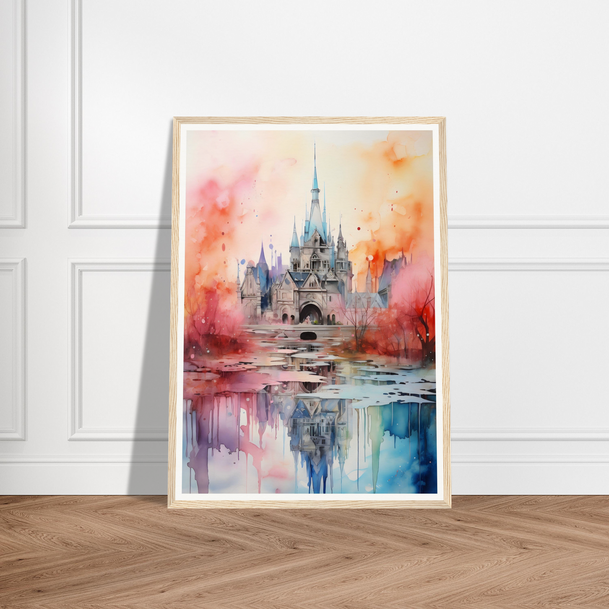 A watercolor painting of a castle in the middle of a lake