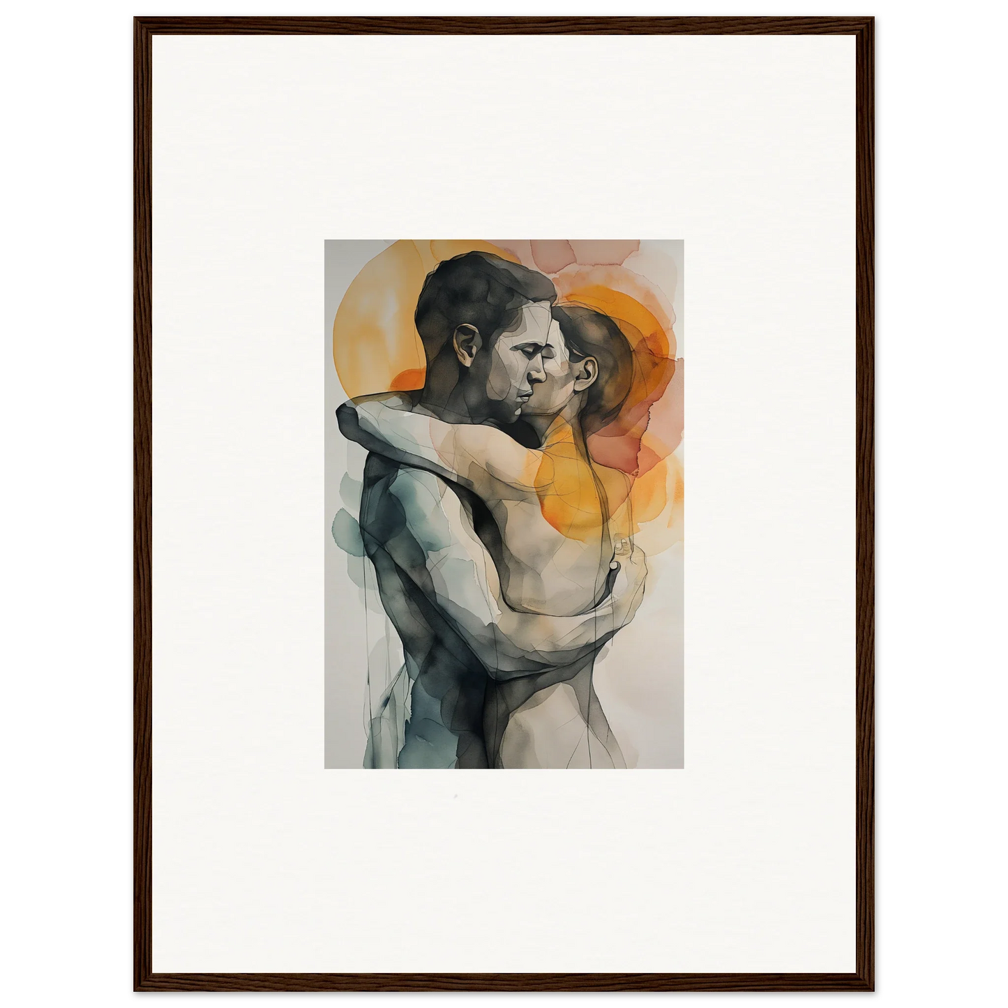 Watercolor painting of an embracing couple, perfect for Morning Dichotomy room decor