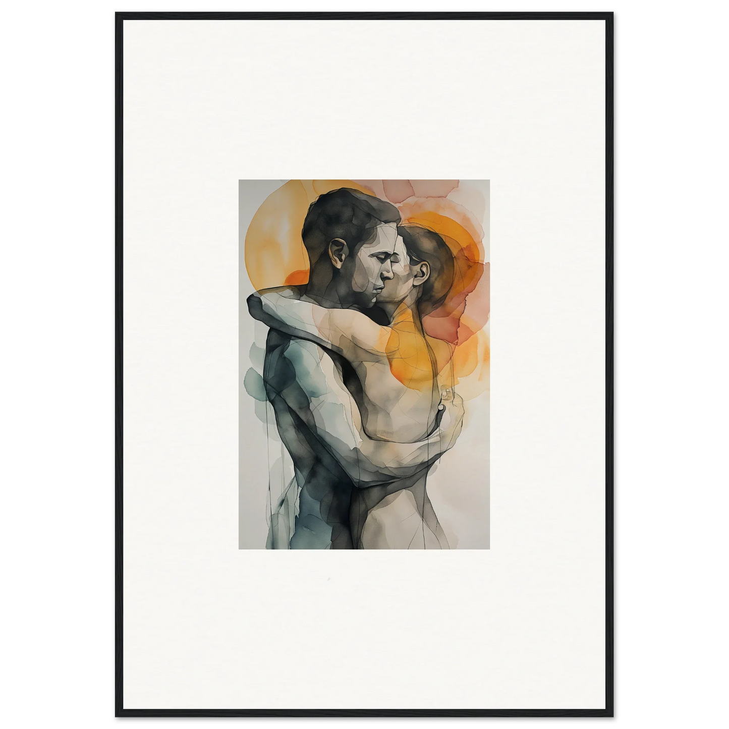 Watercolor painting of embracing couple for morning dichotomy framed wall art decor