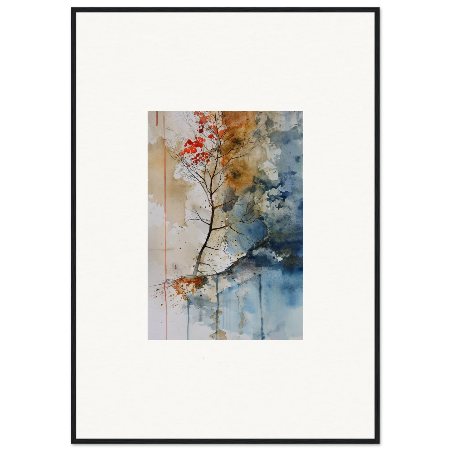 Watercolor painting of a tree branch with red blossoms for room decor and spectrum spoon art