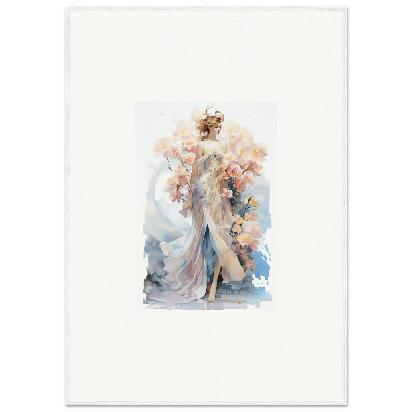 Watercolor painting of an elegant woman in a flowing gown for Blush Mirage room decor