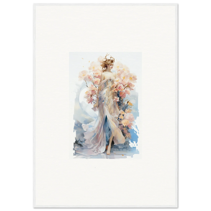 Watercolor painting of an elegant woman in a flowing gown for Blush Mirage room decor