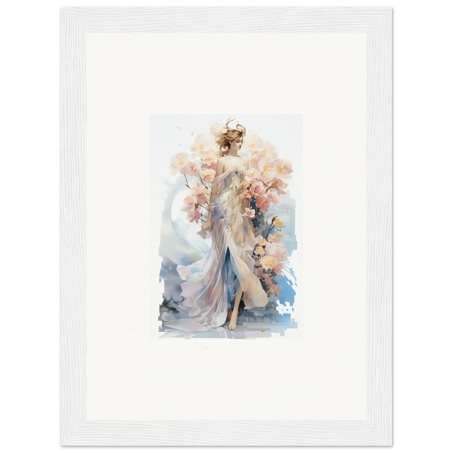 Ethereal Blush Mirage watercolor painting of a female figure for framed wall art and room decor