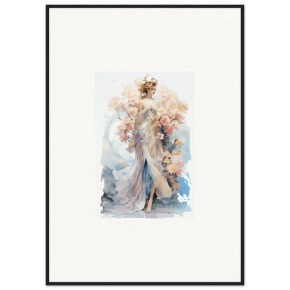 Watercolor painting of a female figure with fabric and flowers, framed wall art for Blush Mirage