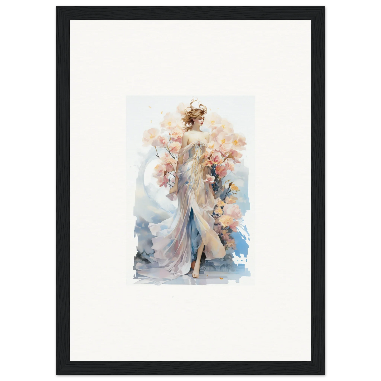 Watercolor painting of a feminine figure with flowers, perfect for Blush Mirage room decor