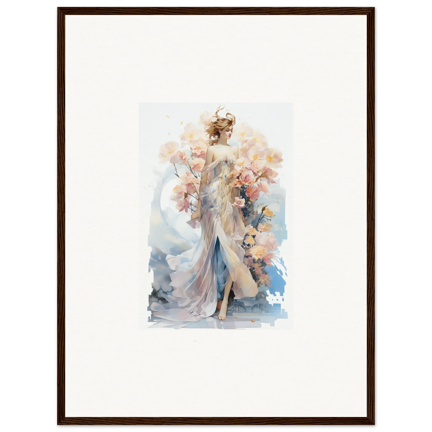 Watercolor painting of a figure in a floral gown for Blush Mirage room decor