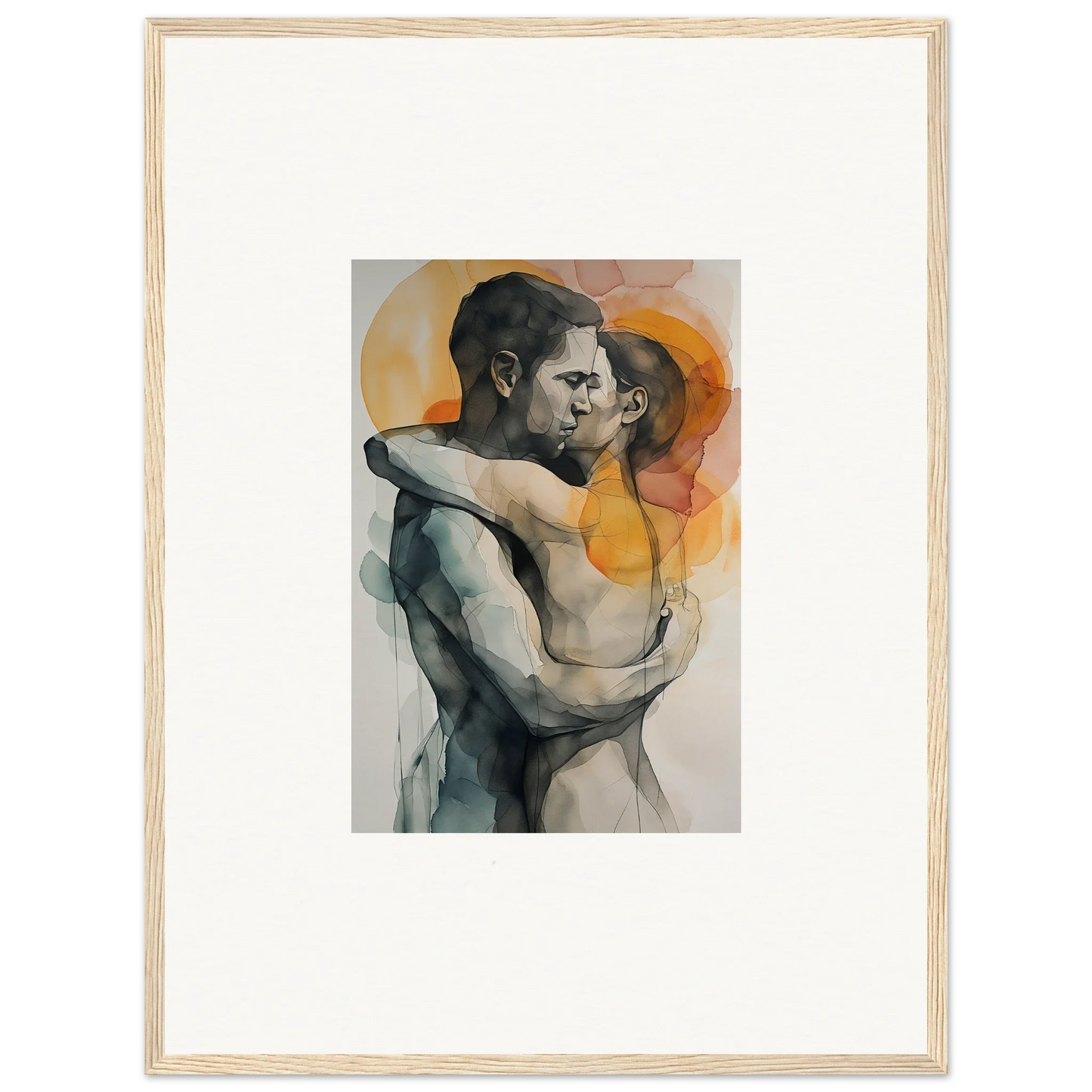 Watercolor painting of embracing figures in abstract background for morning dichotomy room decor