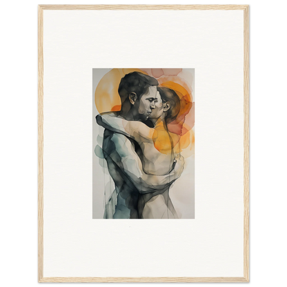 Watercolor painting of embracing figures in abstract background for morning dichotomy room decor