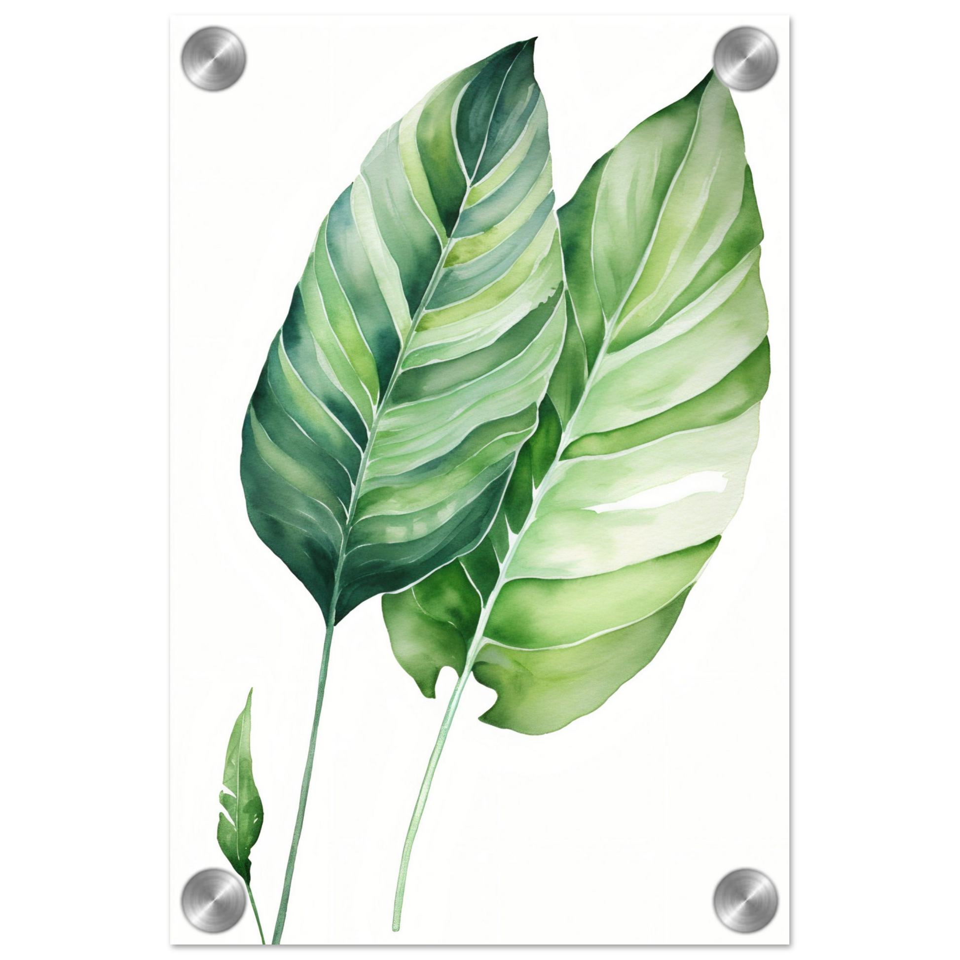 A watercolor painting of two green leaves