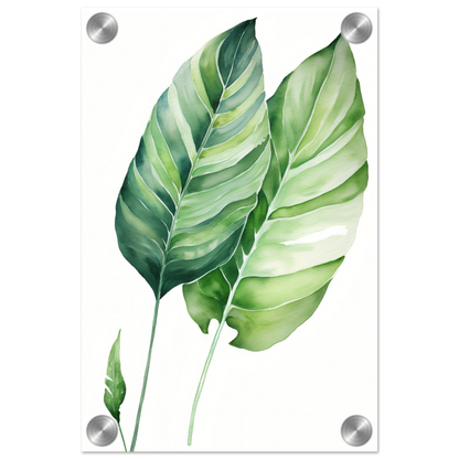 A watercolor painting of two green leaves