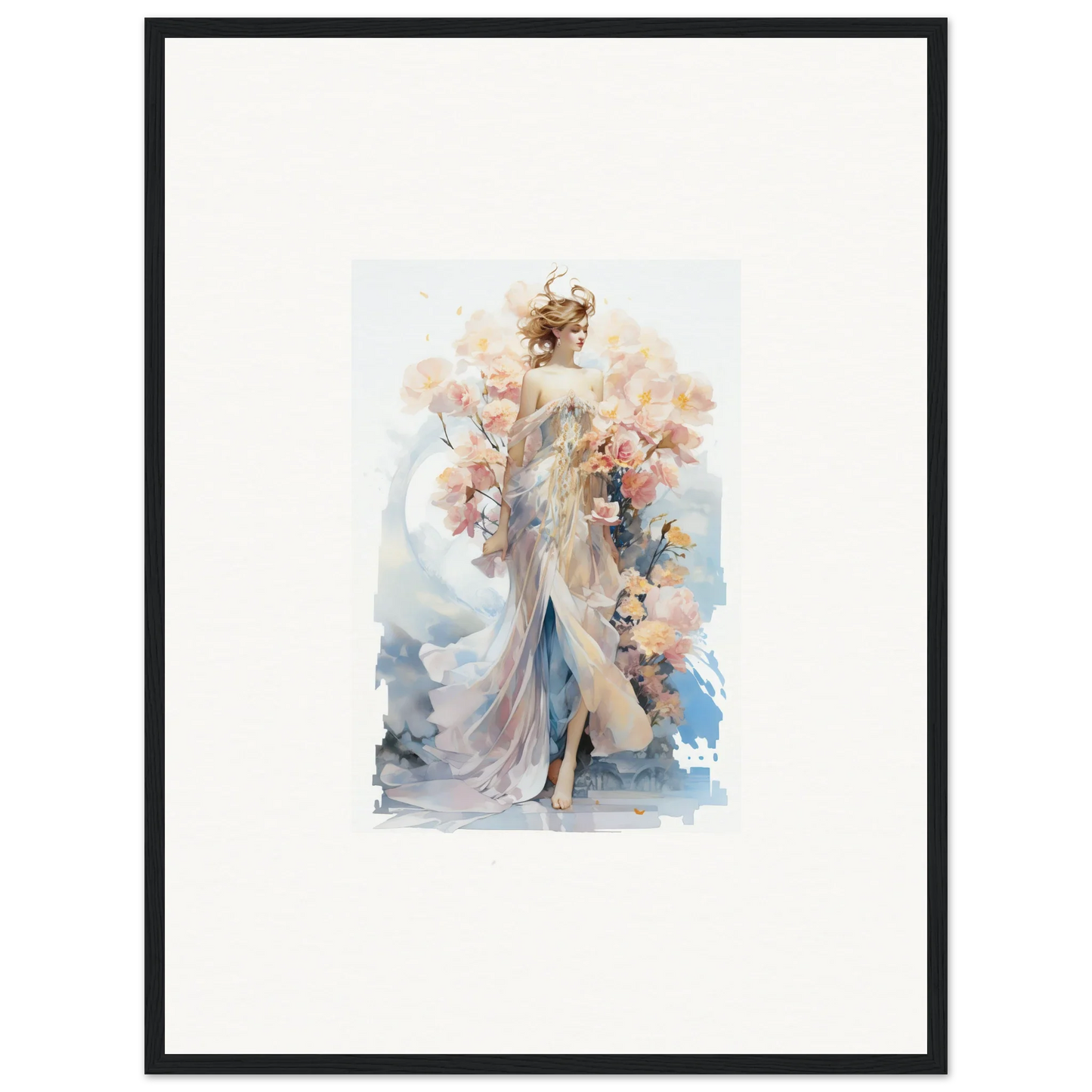 Watercolor painting of a woman in a floral dress, perfect for Blush Mirage room decor