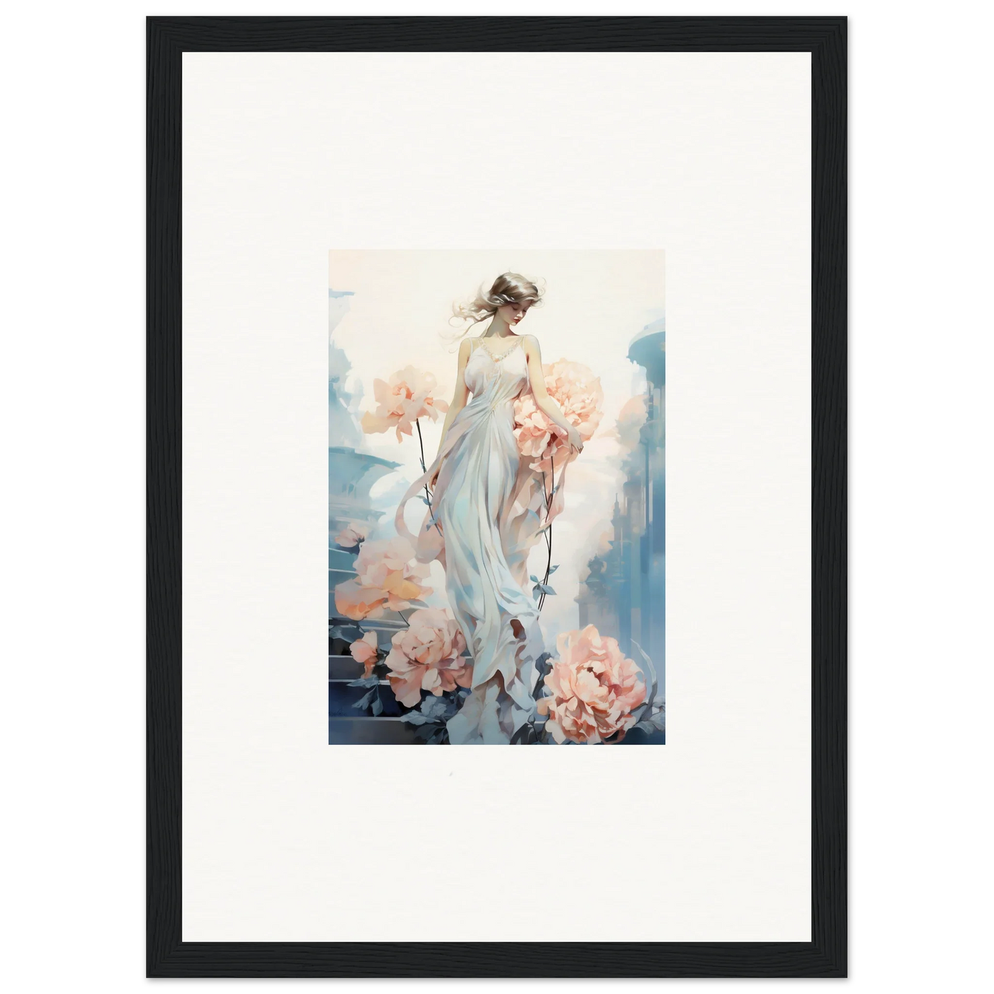 Watercolor painting of a woman in a flowing dress with floral elements for Floral Ballet room decor