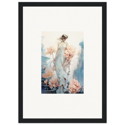 Watercolor painting of a woman in a flowing dress with floral elements for Floral Ballet room decor