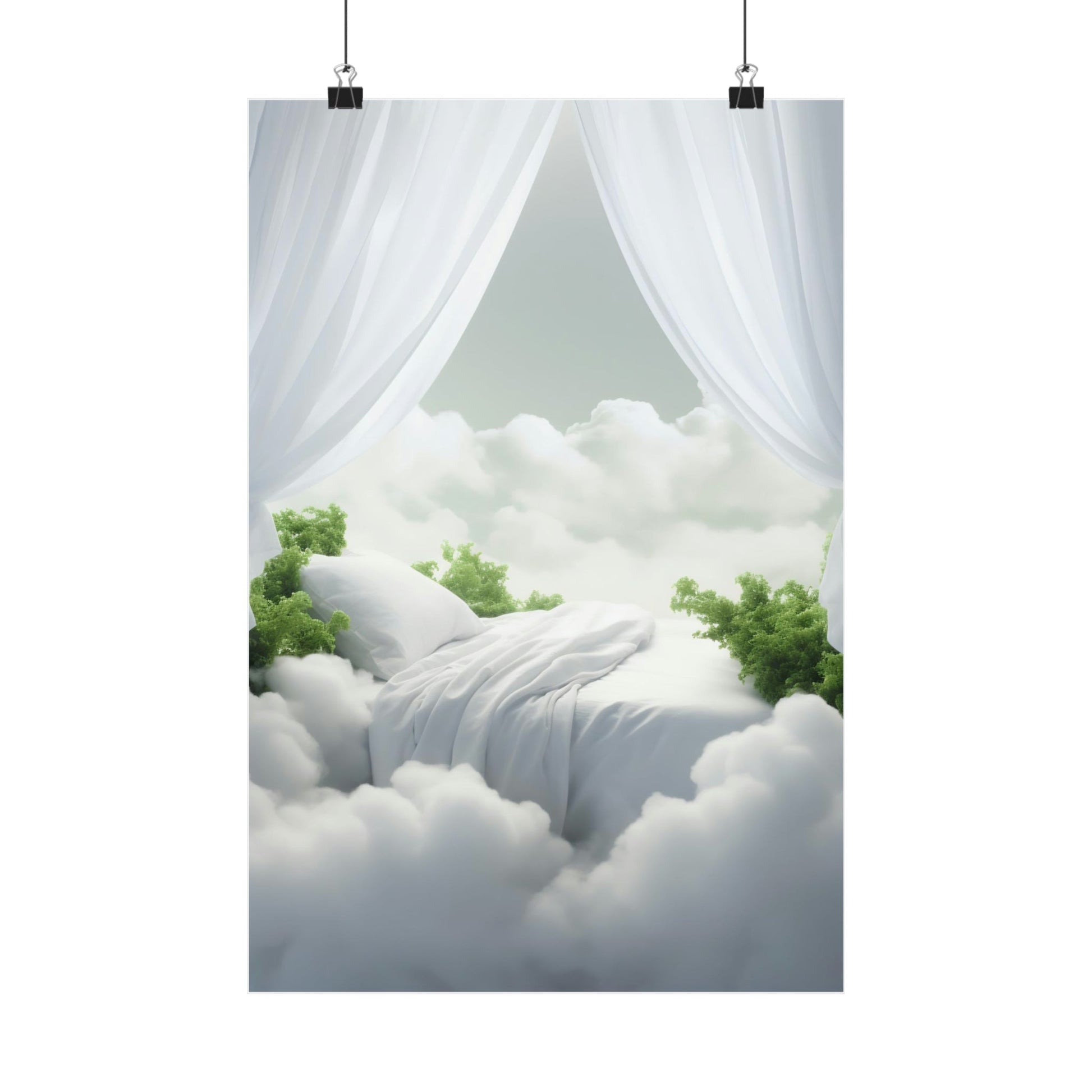 Bed made of clouds with white curtains and green foliage.