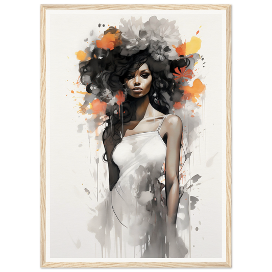 Artistic portrait of a woman with voluminous hair and a white dress, rendered in a watercolor and ink style.