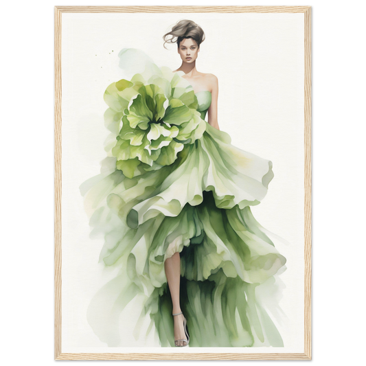 Elegant green gown resembling a blooming flower, with ruffled layers and a high-low hemline.