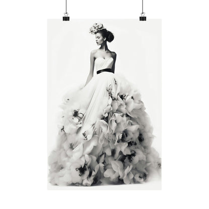 Black and white fashion illustration of a woman in an extravagant, voluminous wedding gown with floral details.