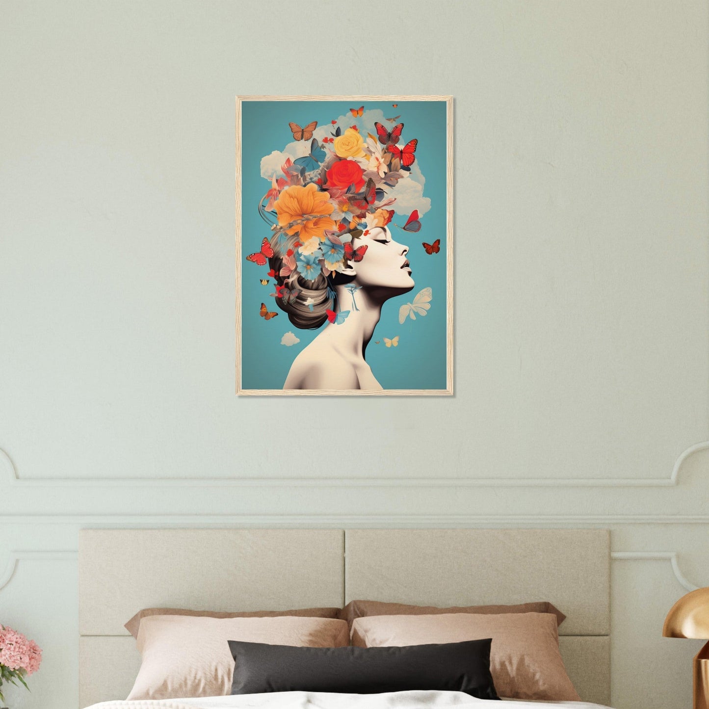 Colorful surrealist portrait of a woman with flowers and butterflies emerging from her head.