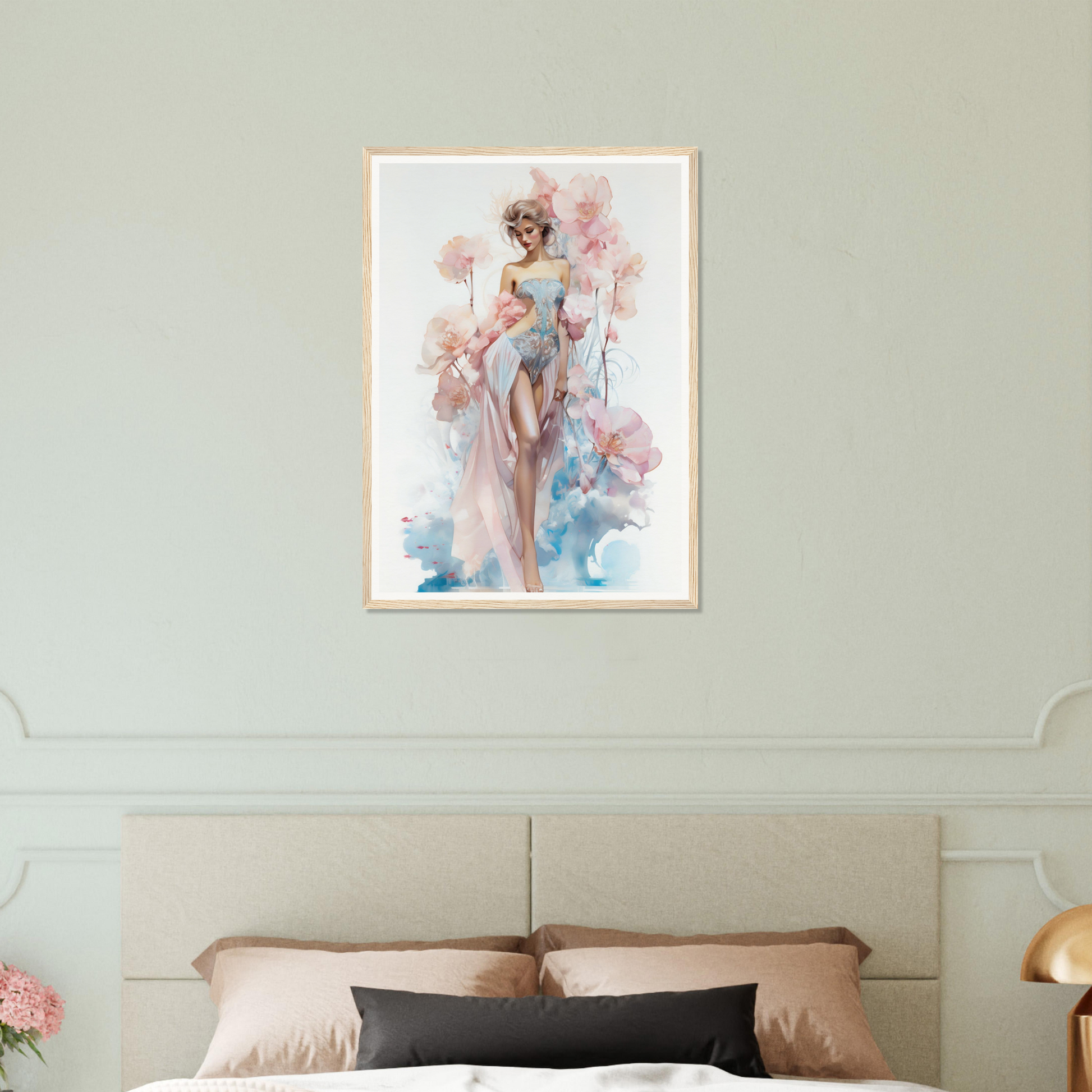 Framed watercolor painting of a graceful female figure surrounded by soft pink and blue hues.