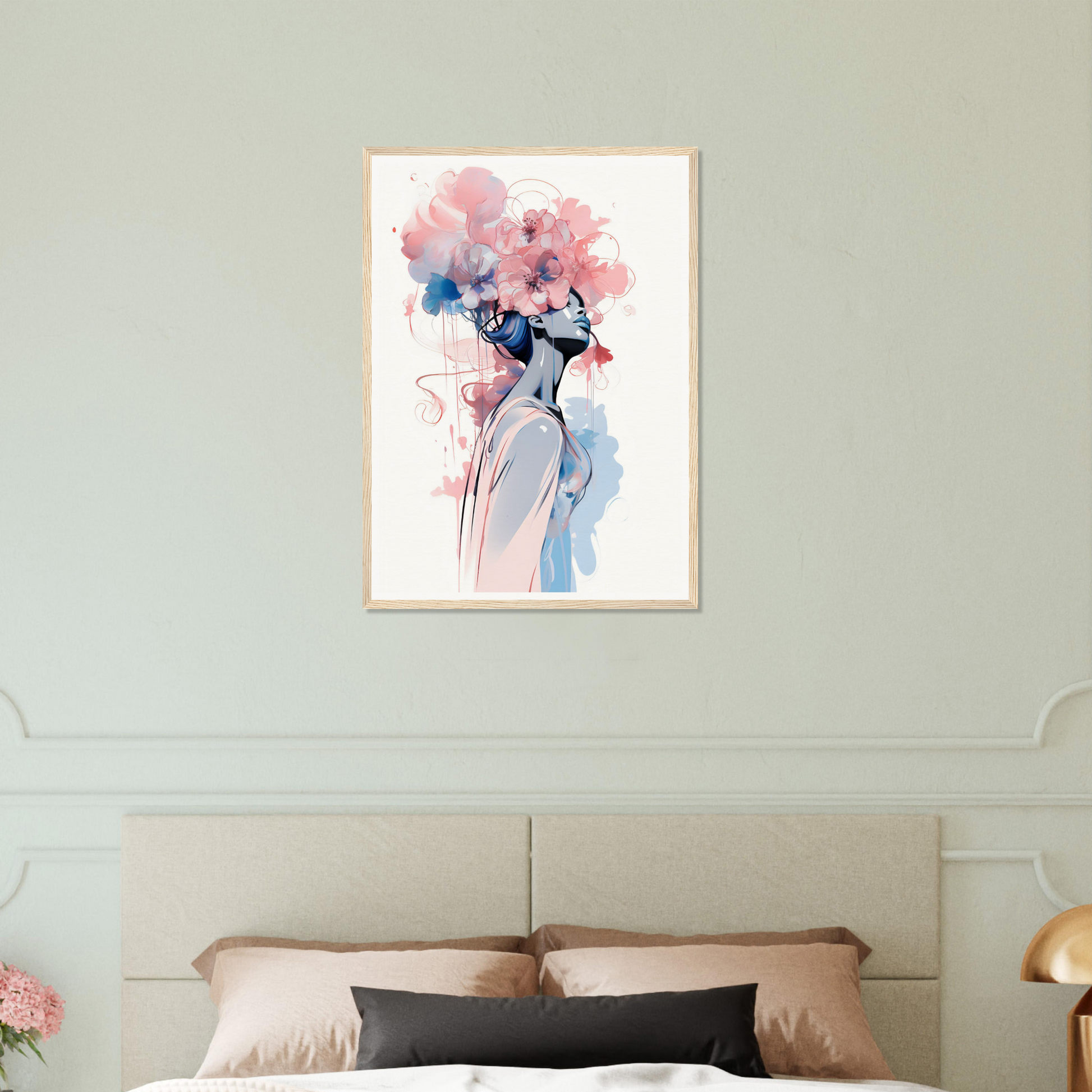 Framed watercolor-style artwork depicting a figure with a floral headdress.