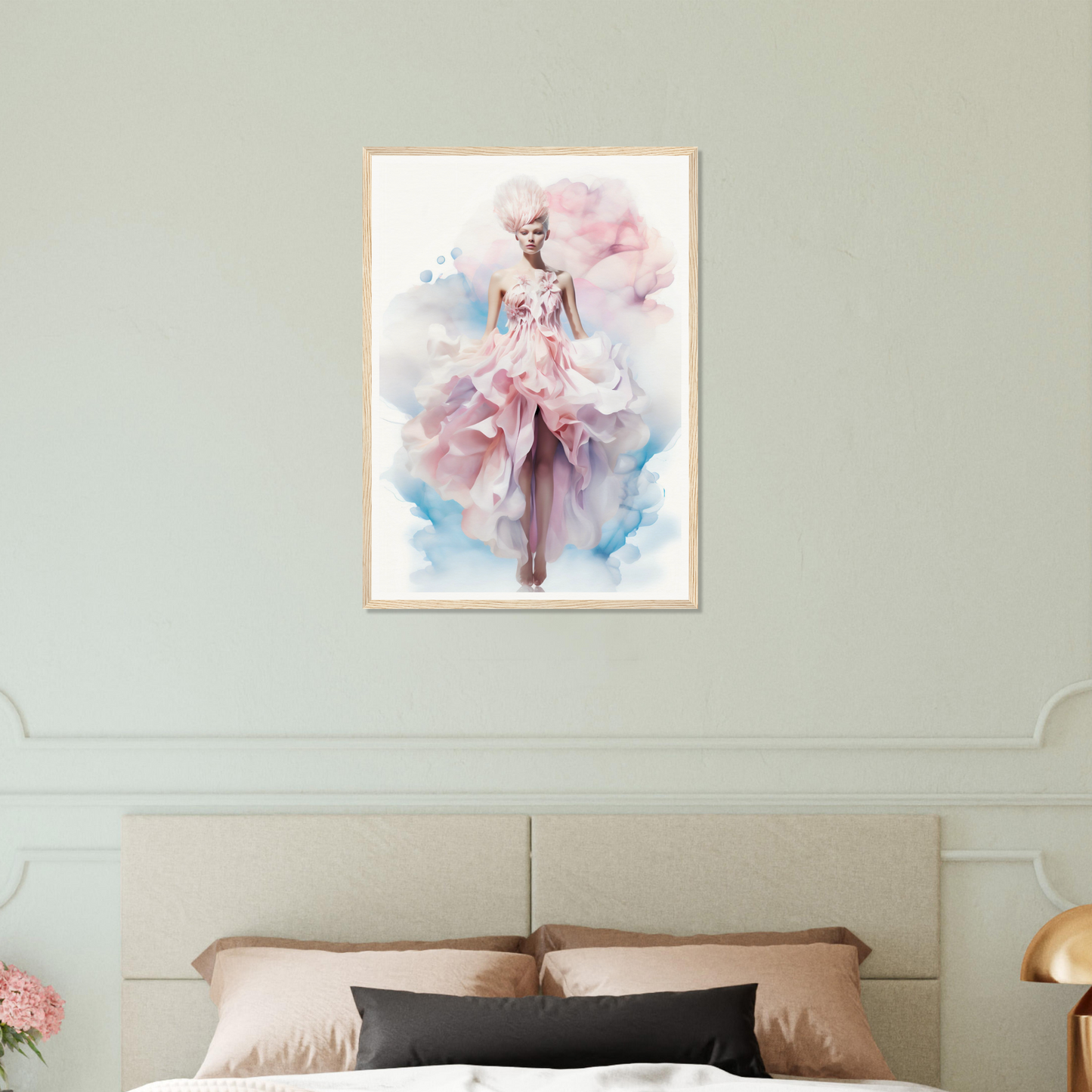 Watercolor-style painting of a graceful figure in a flowing pink dress with swirling, ethereal elements.