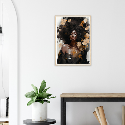 Framed portrait of a woman with voluminous, flower-adorned afro hair.