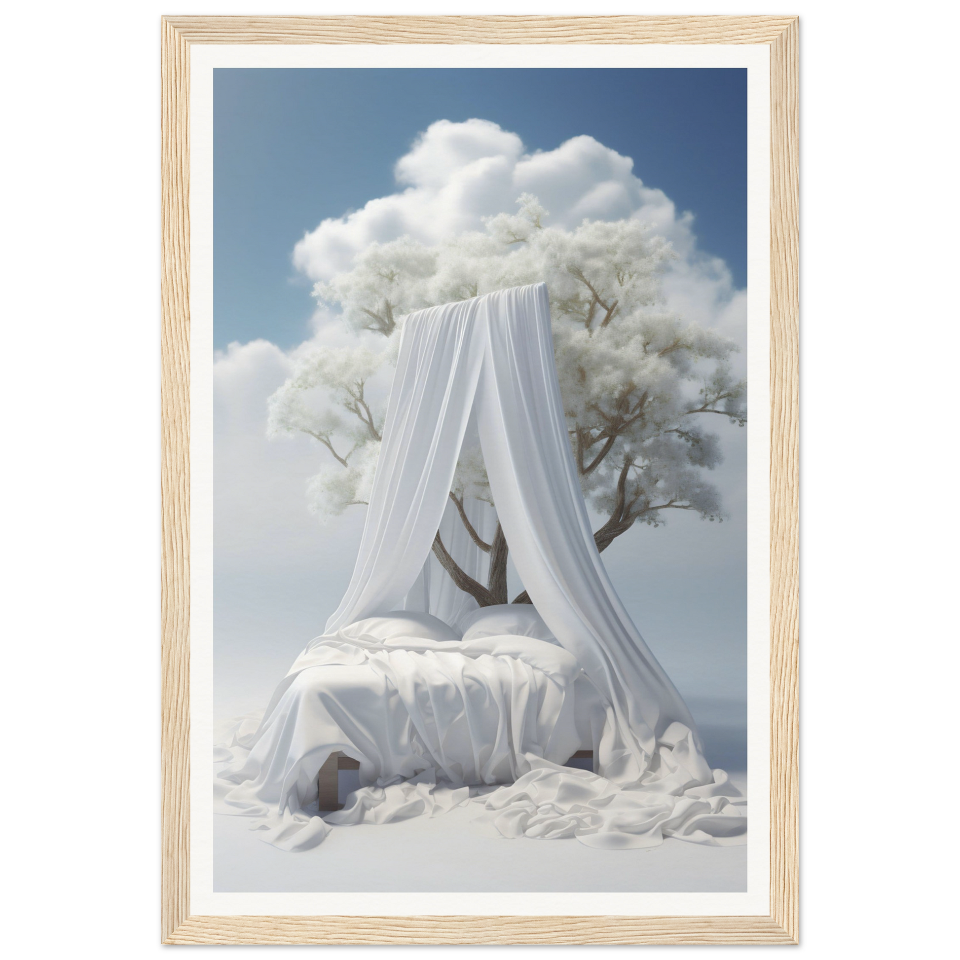 An image of a Paradise Found A The Oracle Windows™ Collection bed with white sheets, perfect for a high quality poster for my wall.