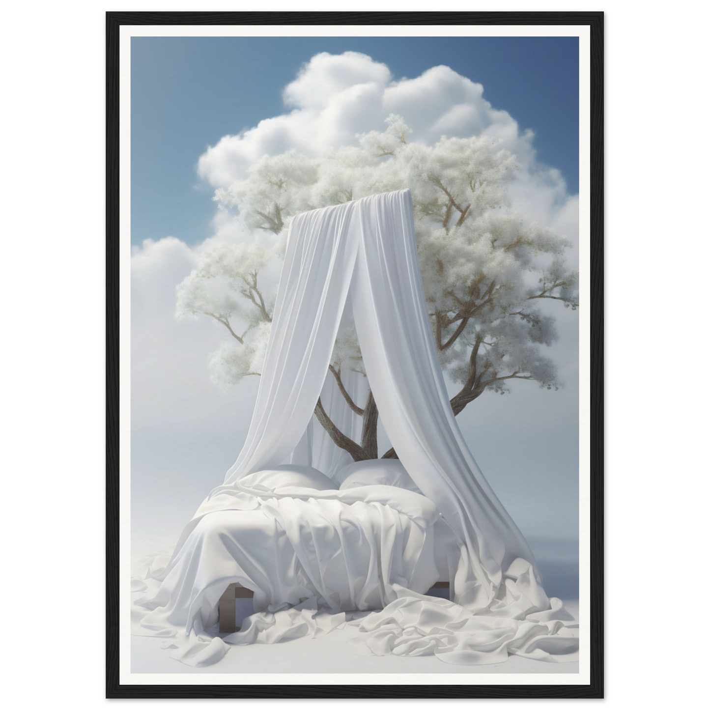 An image of a Paradise Found A The Oracle Windows™ Collection bed with white sheets, perfect for a high quality poster for my wall.