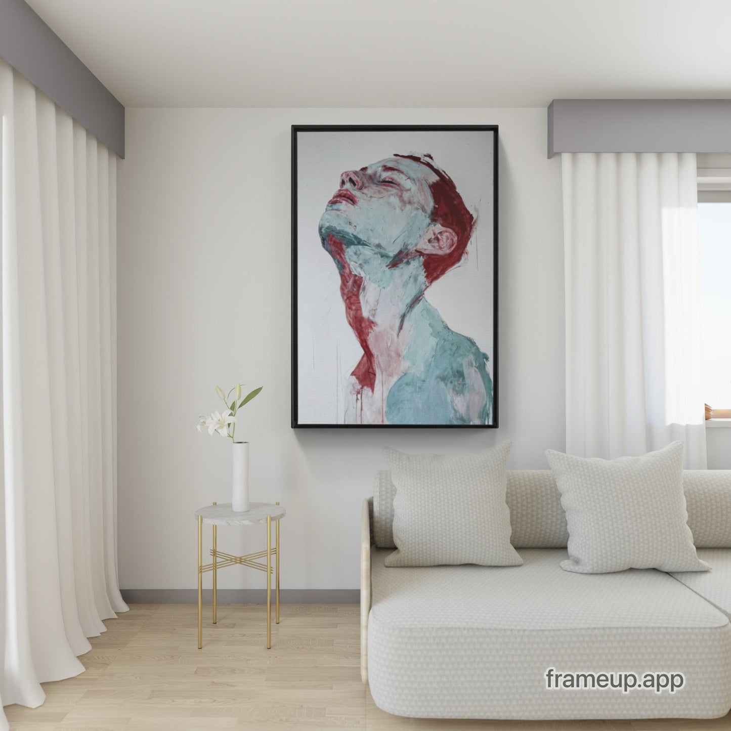 A living room with a Mind Set - XXL Framed Traditional Stretched Canvas of a woman on the wall.