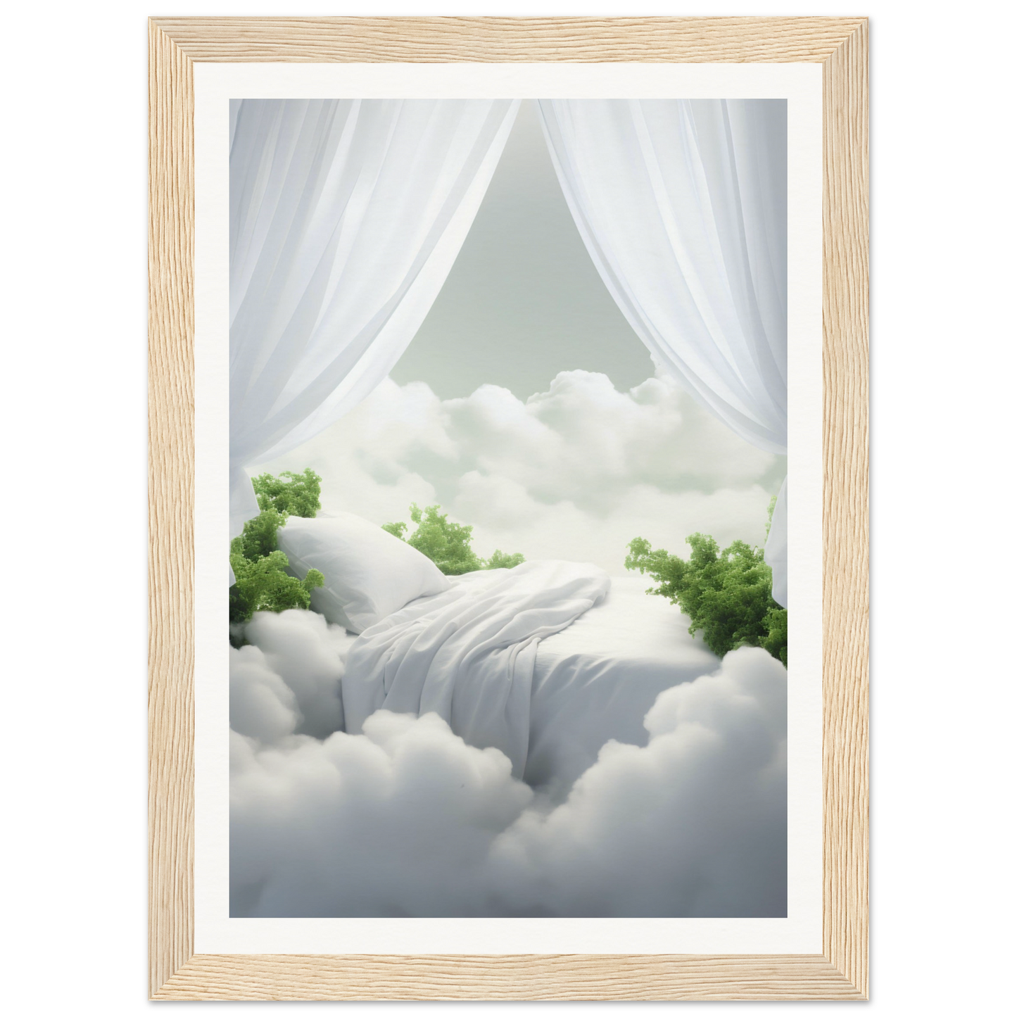 A white curtain is hanging over a white bed with a green tree in the background