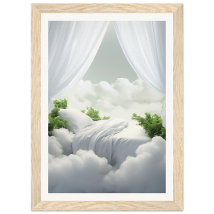 A white curtain is hanging over a white bed with a green tree in the background