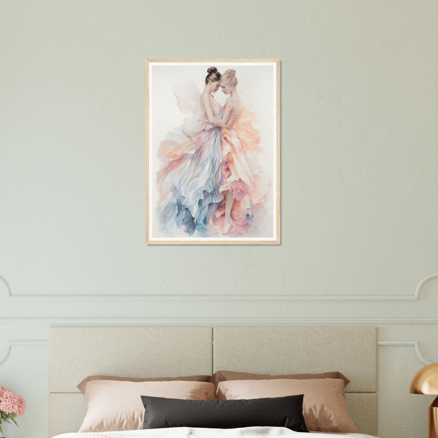 Framed watercolor painting of a ballerina in a flowing, colorful dress.