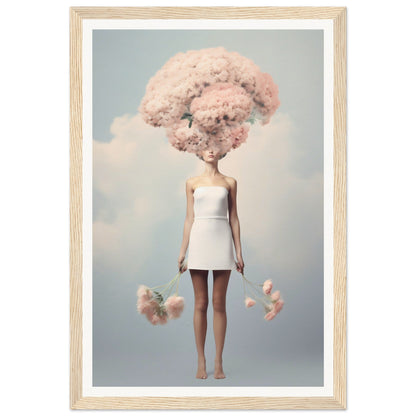 Surreal figure with a pink cotton candy-like cloud for a head, wearing a white mini dress.