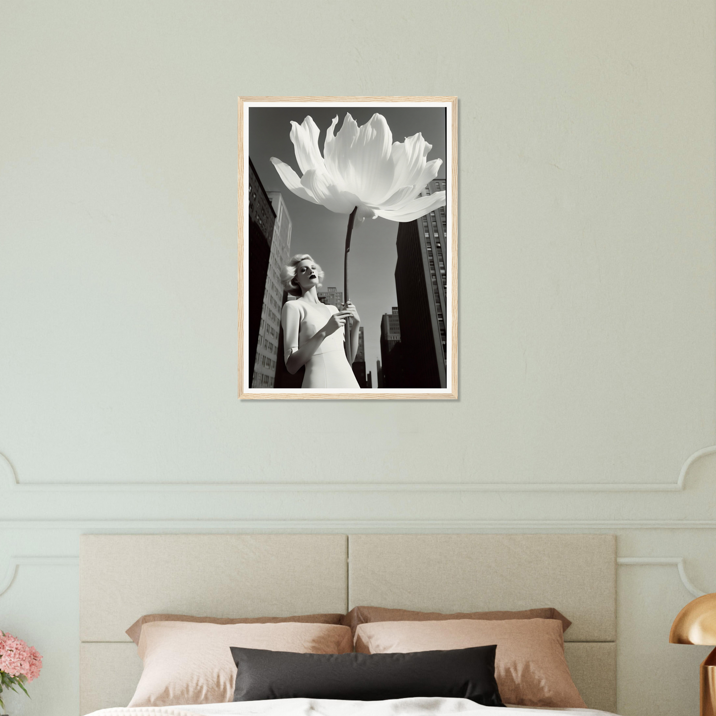 Marilyn Monroe holding a large white Flower And Glamour Girl D The Oracle Windows™ Collection is depicted in this poster that can transform your space with AI-generated art.
