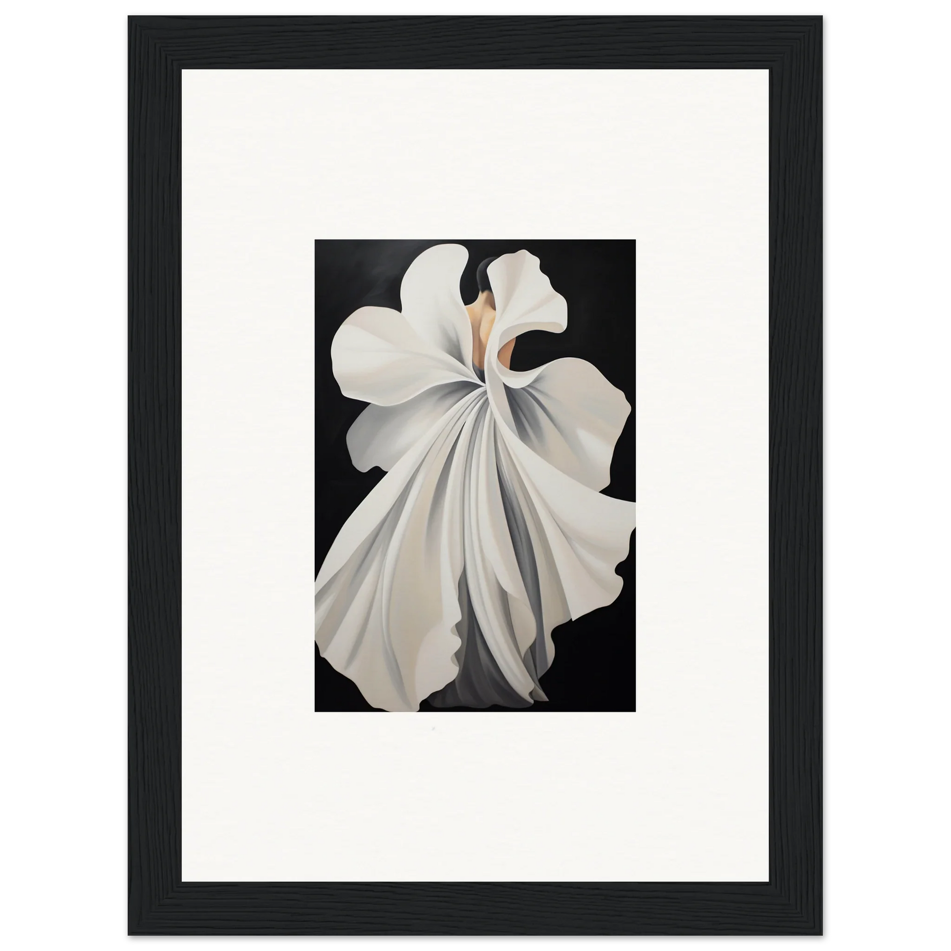 White flower with flowing petals on dark background, perfect for canvas waves room decor