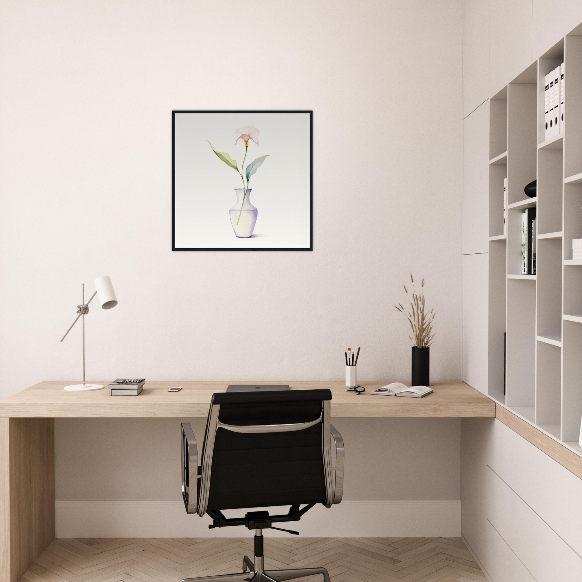 A white flower in a vase on a desk