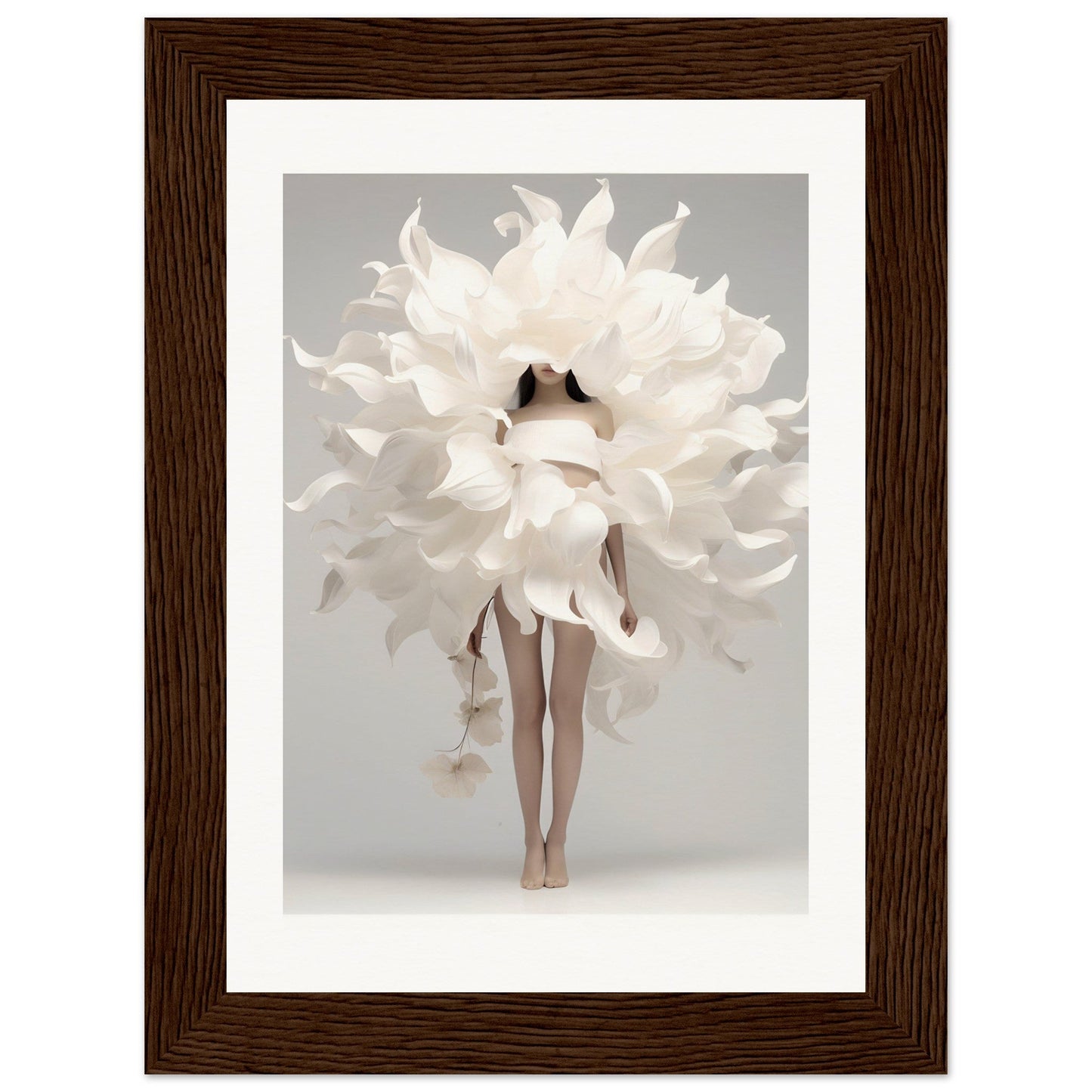 A white flower in a wooden frame