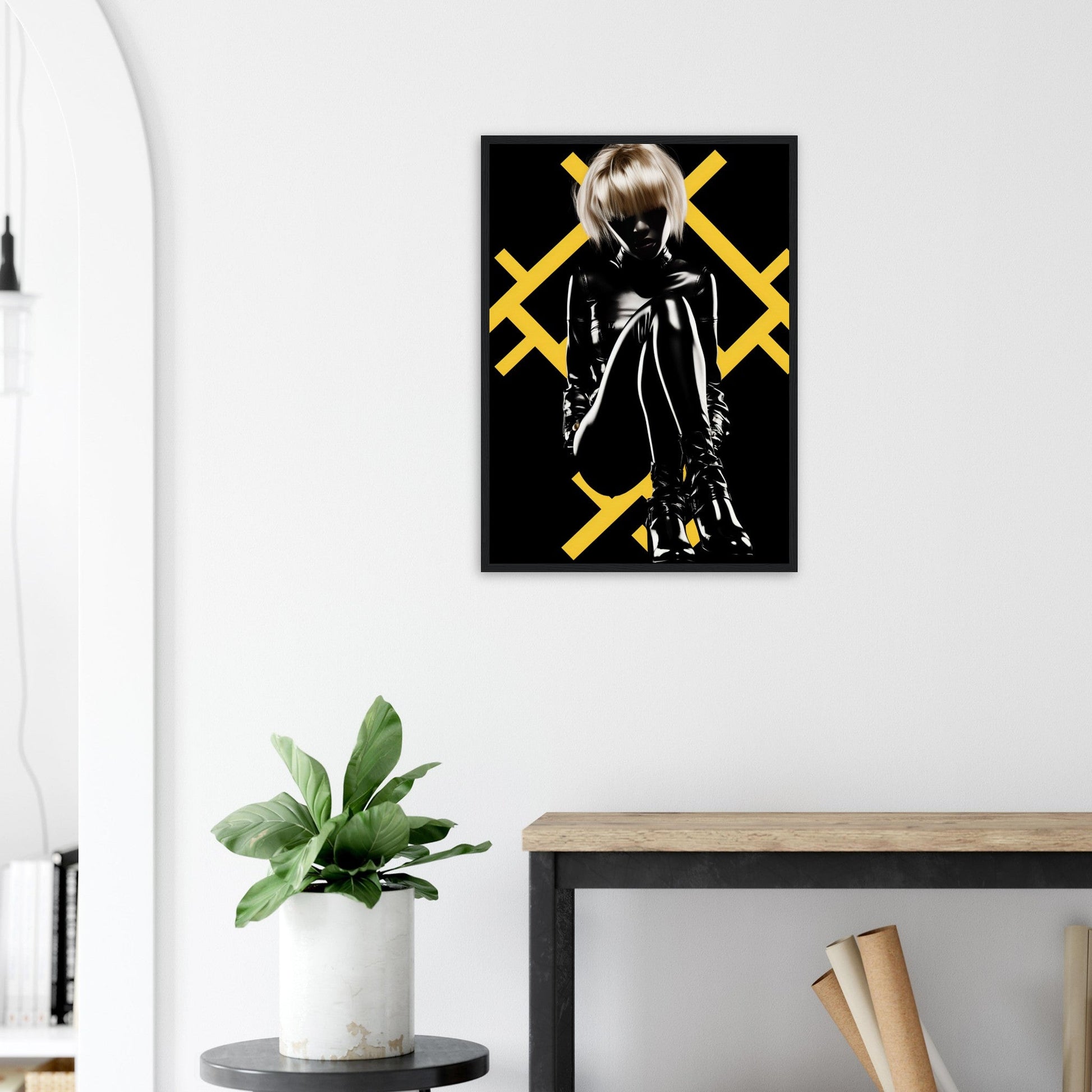 Stylized poster featuring a silhouetted figure against a black background with yellow X shapes.