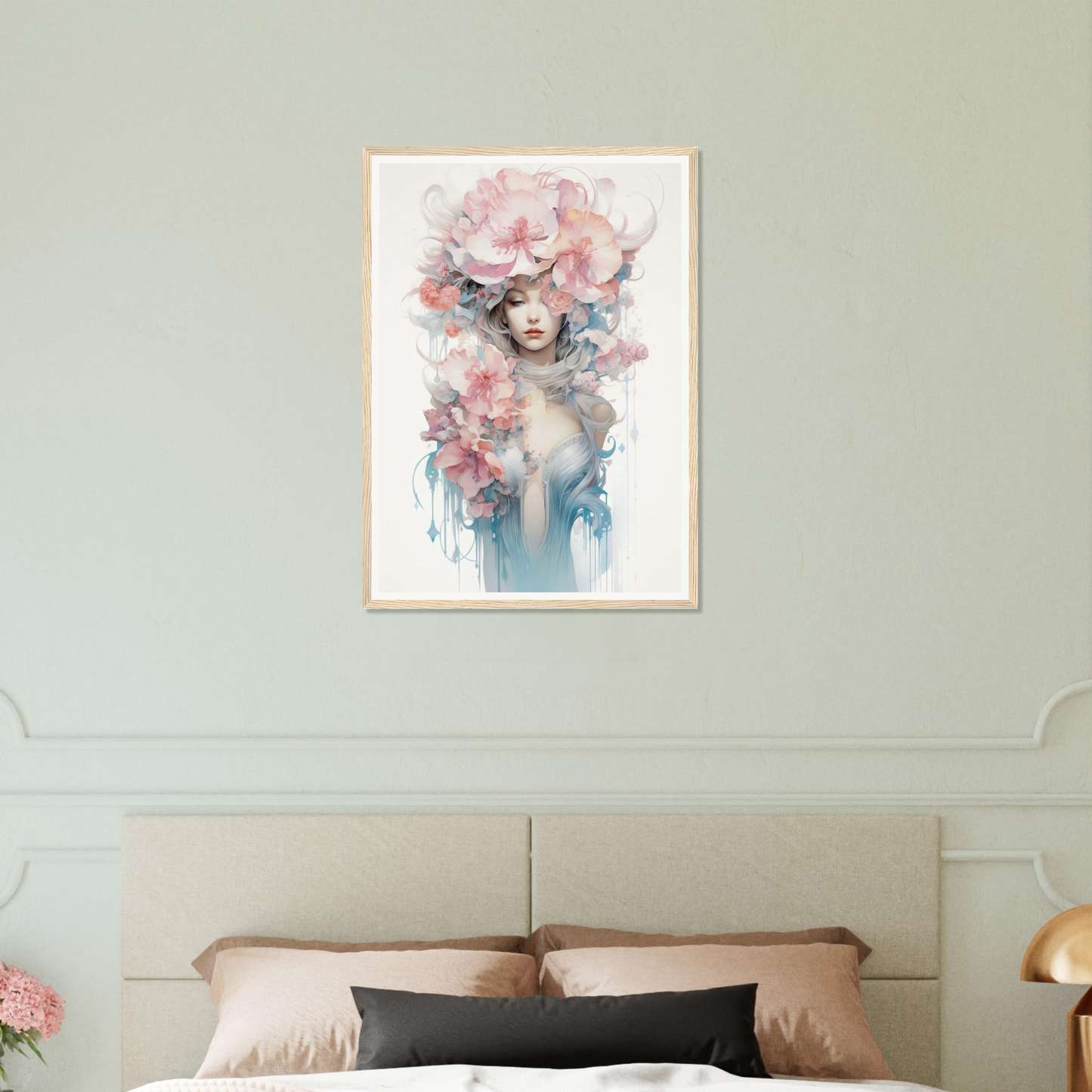 Framed artwork depicting a feminine figure with floral elements in soft, pastel colors.