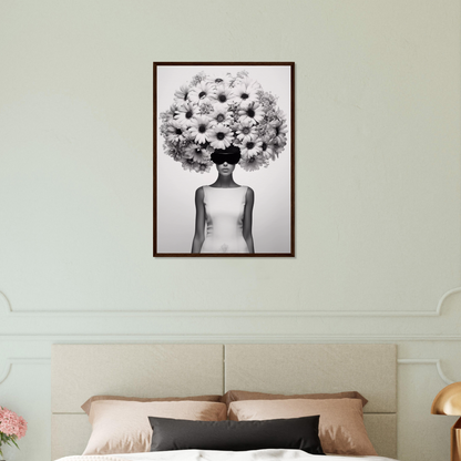 A high quality Afro Flower Power The Oracle Windows™ Collection of a woman with flowers on her head, perfect to transform your space into fashionable wall art.