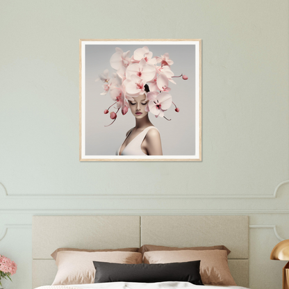 Framed artwork depicting a figure wearing an elaborate floral headdress.