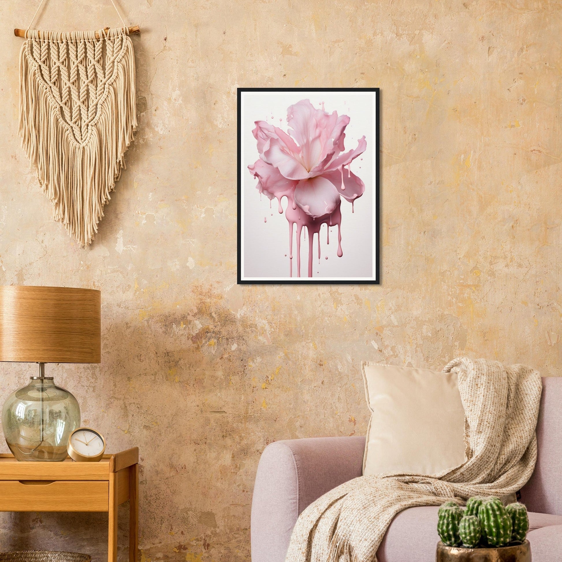 Framed watercolor painting of a pink rose with dripping paint effect.