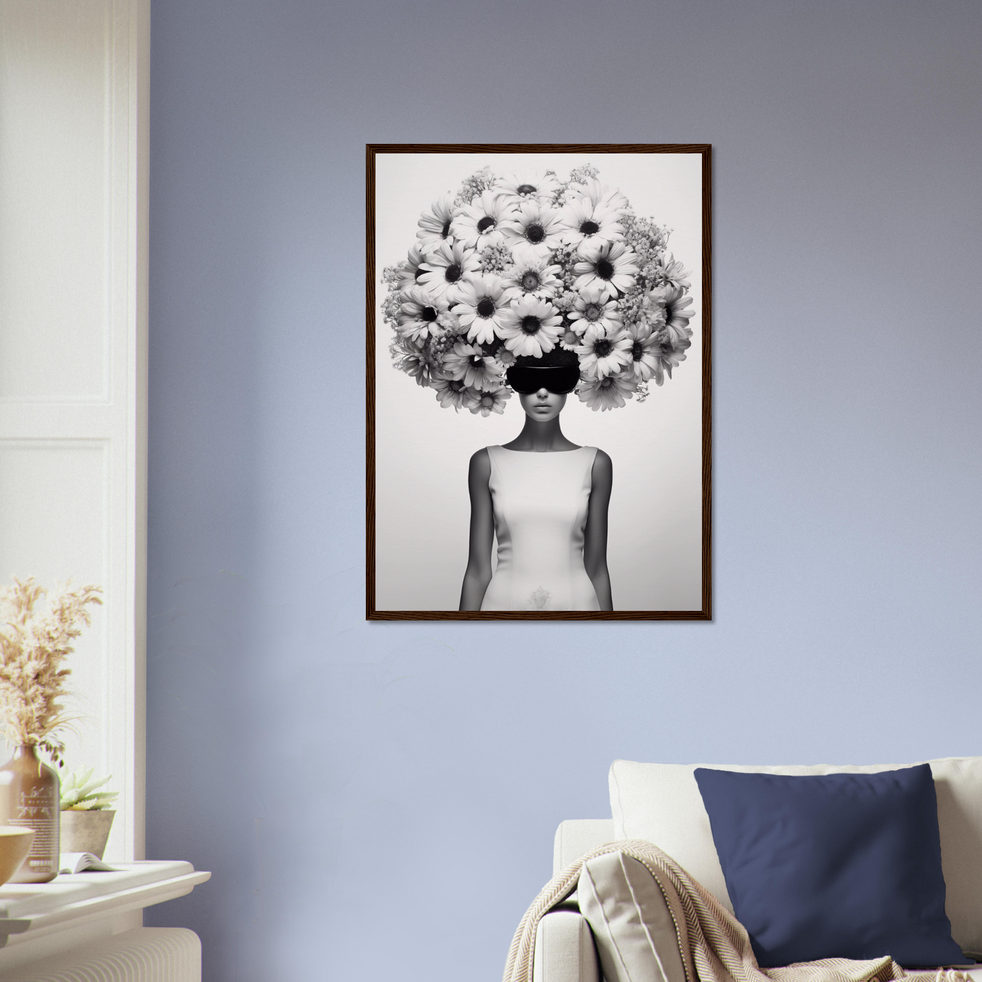 A high quality Afro Flower Power The Oracle Windows™ Collection of a woman with flowers on her head, perfect to transform your space into fashionable wall art.