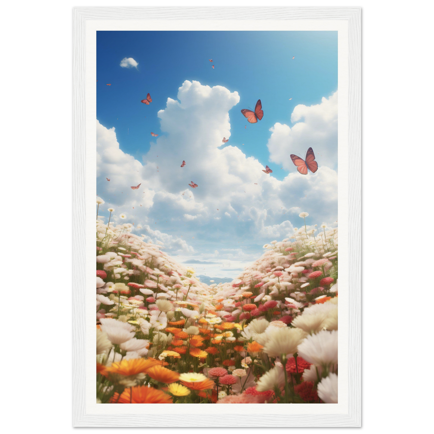 A high quality framed print of Happiness Is Flowers - Museum-Quality Matte Paper Wooden Framed Poster from The Oracle Windows™ Collection with butterflies in the sky, perfect for fashion wall art enthusiasts.