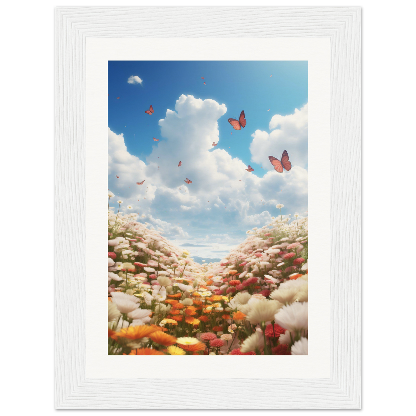 A white frame with a picture of a field of flowers and butterflies